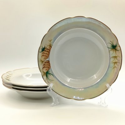 купить Набор суповых тарелок "Шишки" на 4 персоны, фарфор, люстр, роспись, золочение, Коростенский фарфоровый завод (КФЗ), Украина, 1997-2005 гг.