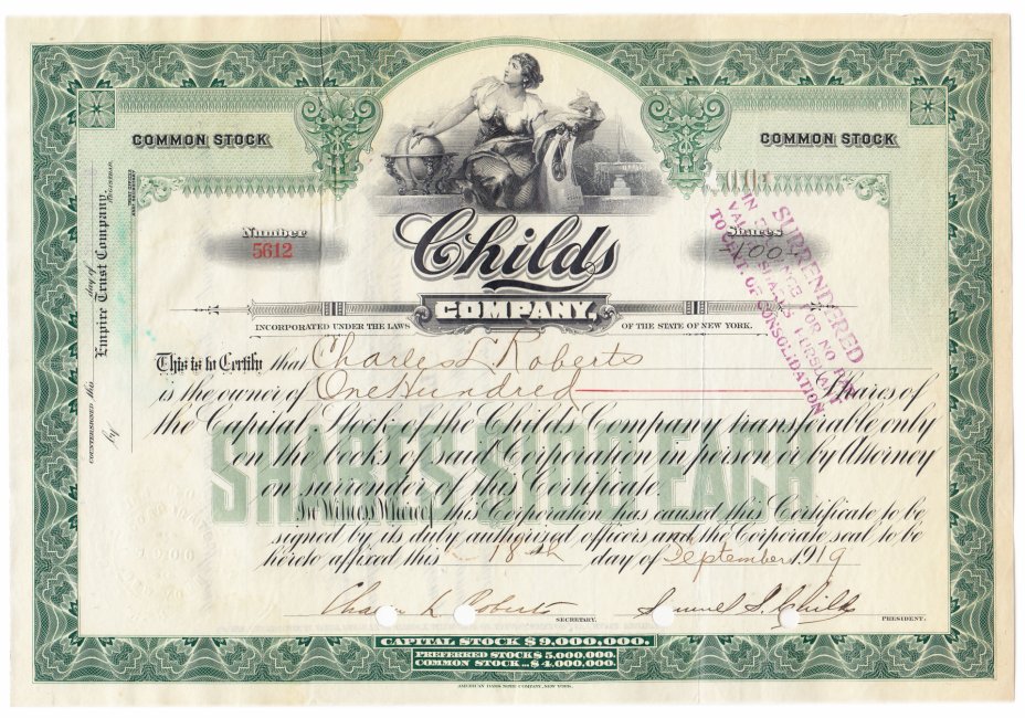 купить Акция США Childs Company  1919-1929 г.