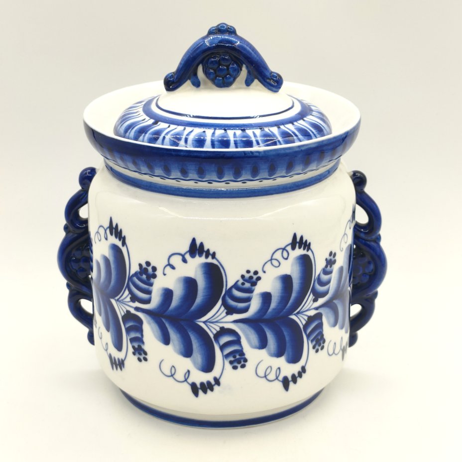 Купить Сахарница/ёмкость для хранения/бочонок с фигурными ручками, украшенная растительным декором, фарфор, роспись, Объединение «Гжель», СССР, 1972-1985 гг.