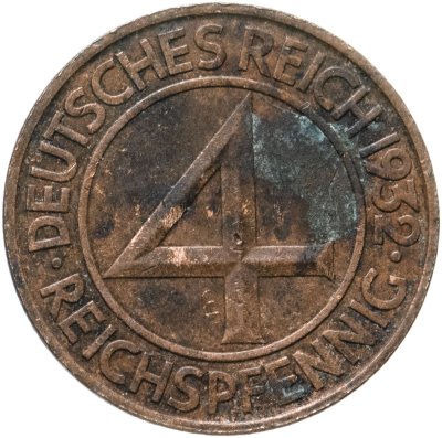 Купить Германия 4 рейхспфеннига (reichspfennig) "А" 1932