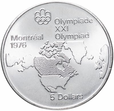 Купить Канада 5 долларов (dollars) 1973 "XXI летние Олимпийские Игры, Монреаль 1976 - Карта Канады"