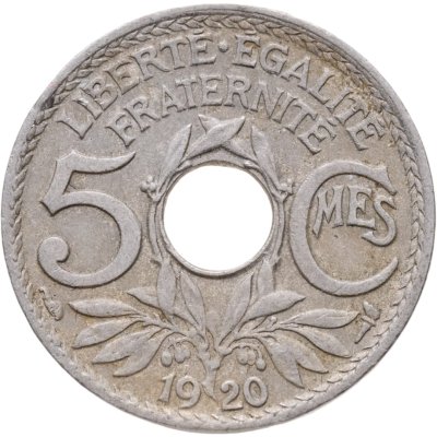 купить Франция 5 сантимов (centimes) 1920 Новый тип: Отверстие в центре