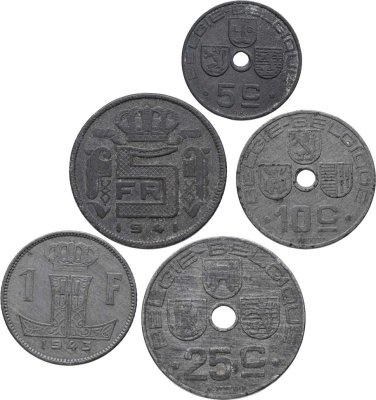 купить Бельгия, набор из 5 монет 1941-1944, Король Леопольд III