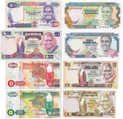 купить Замбия набор из 8 банкнот 2, 5, 10, 20, 50, 100 квача 1992-2009
