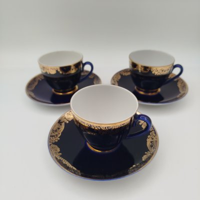 купить Набор кофейных пар на 3 персоны с золотистым узором на кобальтовом фоне, фарфор, крытье, золочение, Ленинградский фарфоровый завод (ЛФЗ), СССР, 1970-1986 гг.