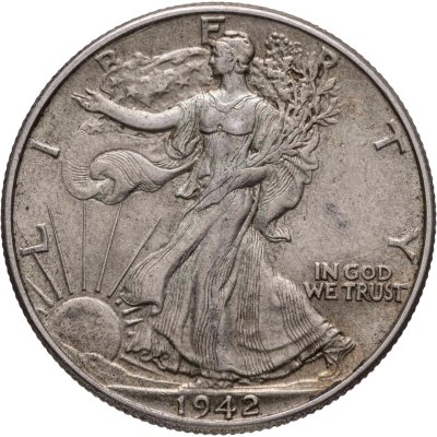купить США 50 центов (1/2 доллара, half dollar) 1942 Walking Liberty Half Dollar, без отметки монетного двора