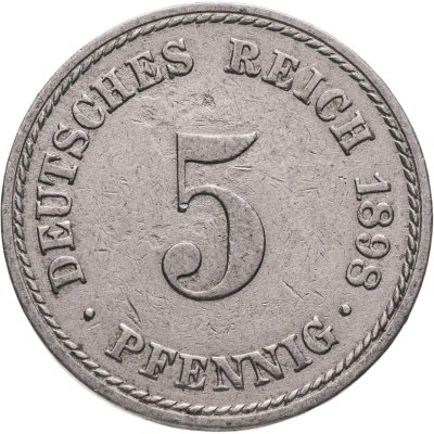 купить Германия 5 пфеннигов (pfennig) 1898, знак монетного двора: "A" - Берлин