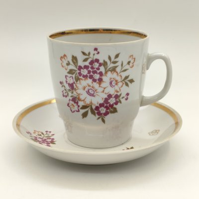 купить Пара чайная с декором в виде цветов (большая), фарфор, деколь, золочение, Дмитровский фарфоровый завод (ДФЗ Вербилки), 1965-1991 гг.