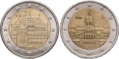 купить Германия набор юбилейных монет 2 евро (euro) 2010-2018 (2 штуки) Знак монетного двора "J" - Гамбург
