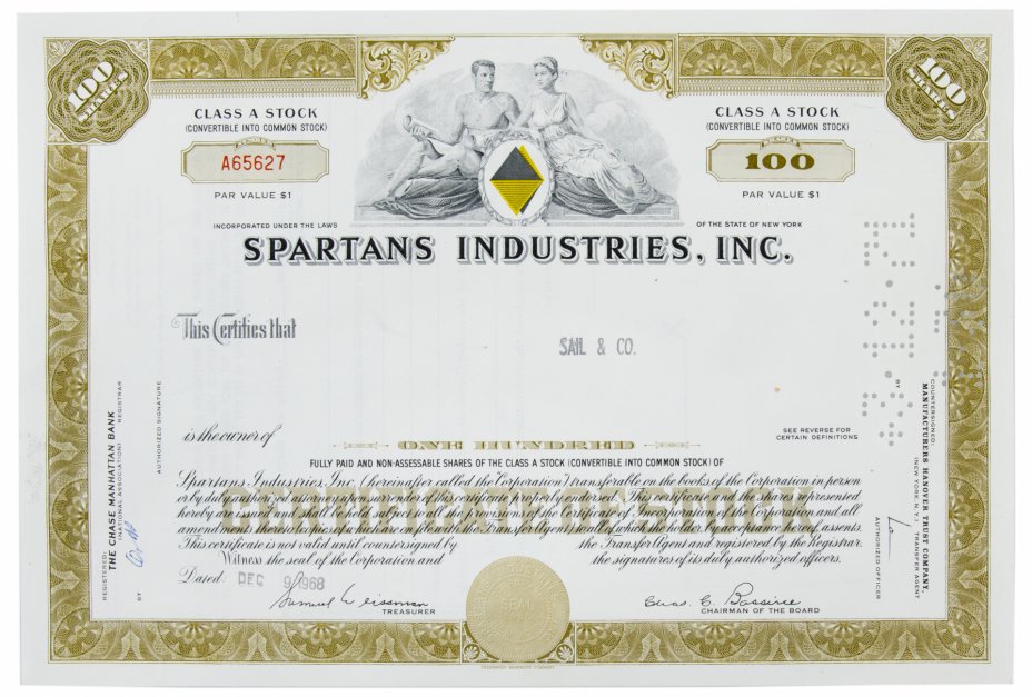 купить Акция США SPARTANS INDUSTRIES, INC. 1967-1968 г.