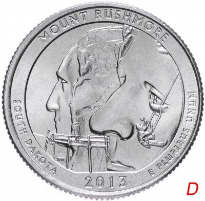 купить США 1/4 доллара (25 центов, квотер) 2013 D — "Национальный мемориал Гора Рашмор" (20-й парк), знак монетного двора: "D" - Денвер