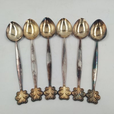 купить Набор из шести чайных ложек с декором в виде завитков на черенках, мельхиор (медь-никель), золочение, Артель «Красносельский ювелир», СССР, 1970-1990 гг.
