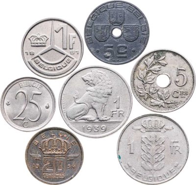 купить Бельгия набор из 7 монет 5, 20, 25 сантимов и 1 франк 1920-1991