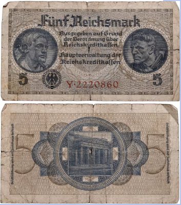 купить Германия 5 марок 1939-1945 серия Y