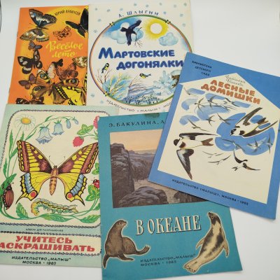 купить Набор из 5-ти детских книг (В. Бианки "Лесные домишки", Э. Бакулина, А.Я. Блоков "В океане", А. Шлыгин "Мартовские догонялки", альбом "Учитесь раскрашивать", Ю. Аракчеев "Весёлое лето"), Издательство "Малыш", бумага, печать, СССР, 1983 г.