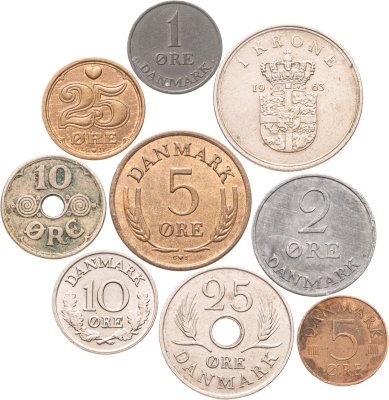 купить Дания набор из 9 монет 1, 2, 5, 10, 25 эре и 1 крона 1939-1994