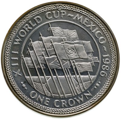 купить Остров Мэн 1 крона 1986 "Чемпионат мира по футболу 1986, Мексика/ флаги"