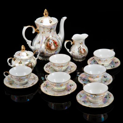 купить Сервиз чайный на 6 персон (15 предметов) "Мадонна", фарфор, деколь, люстр, золочение, Kahla, ГДР, 1960-1980 гг.
