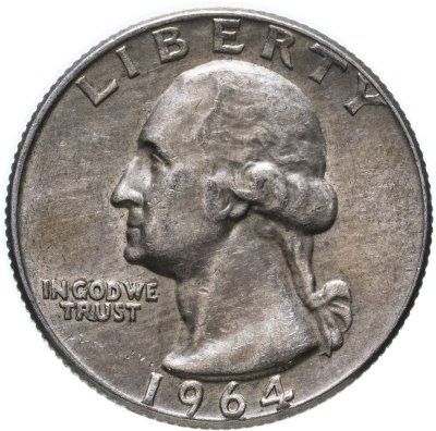 Купить США 25 центов (квотер, 1/4 доллара, quarter dollar) 1964 D "Washington Quarter (Вашингтон)"
