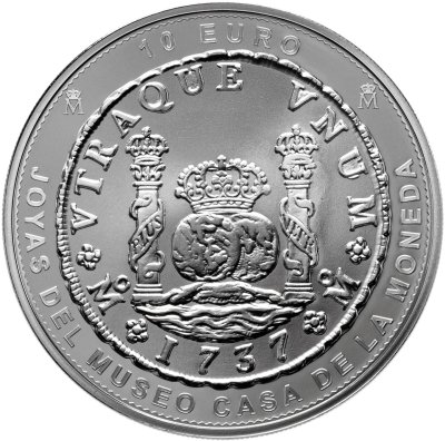 купить Испания 10 евро 2025 "Монета 8 реалов 1737, монетный двор Мехико, Фелипе V, тип "Колумнарио", "Испанский доллар" в футляре с сертификатом
