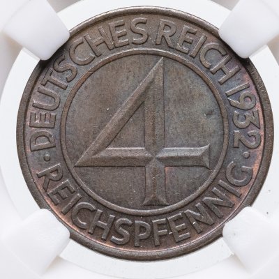 купить Германия 4 рейхспфеннига (reichspfennig) 1932, знак монетного двора "J" — Гамбург в слабе ННР MS64