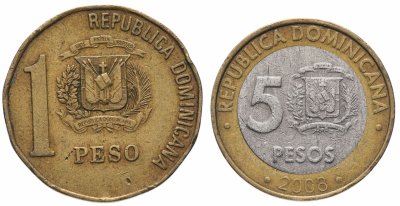 купить Доминикана набор из 2 монет 1 и 5 песо 1991-2016, случайная дата