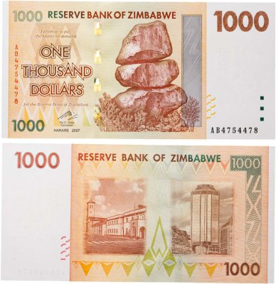 купить Зимбабве 1000 долларов 2007 ПРЕСС