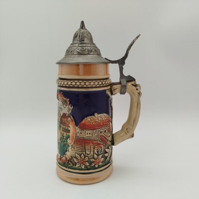 купить Кружка пивная с крышкой "Drosselhof", керамика, олово, люстр, роспись, Германия, 1960-1990 гг.