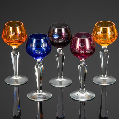 купить Набор бокалов (рюмок) для крепленых вин на 5 персоны, с декором в виде линз, хрусталь, алмазная грань, Германия, 1970-1990 гг.