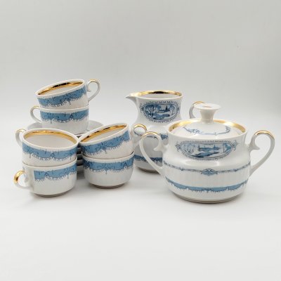 купить Кофейный набор на 6 персон (14 предметов), выполненный в голубых оттенках, фарфор, деколь, золочение, Тернопольский фарфоровый завод, СССР, 1975-1991 гг.