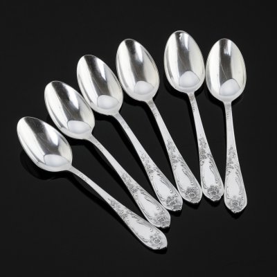 Купить Набор из шести чайных ложек с растительным декором, мНЦ (медь-никель-цинк), Вольнянский завод столовых приборов им. Шевченко (ЗiШ, ЗиШ), СССР, 1960-1990 гг.