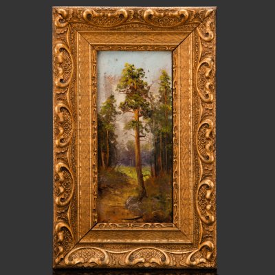 купить Картина "Пейзаж с сосной", оформленная в раму с рельефным декором, неизвестный художник, дерево, картон, масло, позолота, Российская империя, 1900-1915 гг.