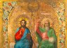 Купить (аукцион август) Икона "Троица Новозаветная" с растительным орнаментом на полях, на обороте оттиск штампа мастерской по изготовлению иконных досок Ивана Ивановича Силина, дерево, кипарис, левкас, масло, золочение, цировка, Российская империя, 1890-1915 гг.