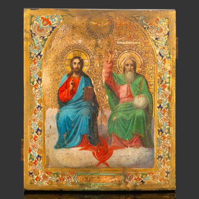 купить (аукцион август) Икона "Троица Новозаветная" с растительным орнаментом на полях, на обороте оттиск штампа мастерской по изготовлению иконных досок Ивана Ивановича Силина, дерево, кипарис, левкас, масло, золочение, цировка, Российская империя, 1890-1915 гг.