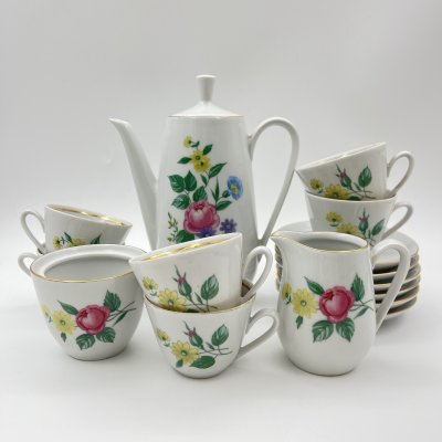 купить Сервиз кофейный с цветочным декором на 6 персон (15 предметов), фарфор, деколь, золочение, Colditz (Кольдиц), ГДР, 1960-1990 гг.