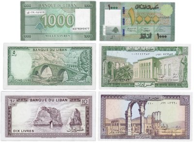 купить Ливан набор из 3 банкнот 5, 10, 1000 фунтов (ливров) 1986-2017