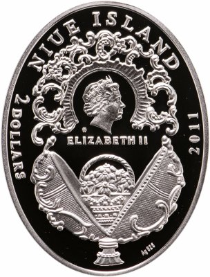 купить Остров Ниуэ 2 доллара 2011 "Яйца Фаберже. Анютины глазки" в футляре с сертификатом