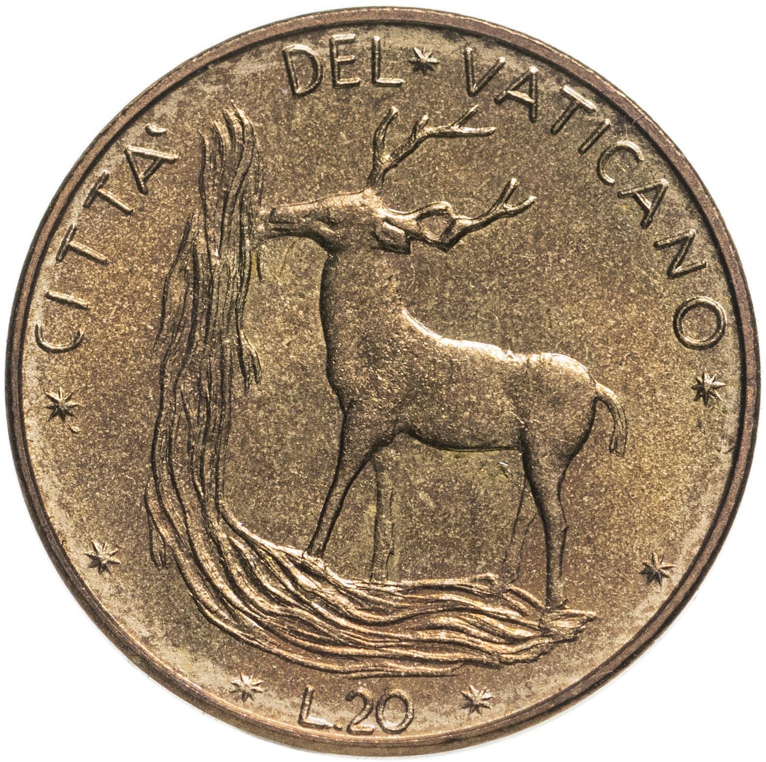 Монета Ватикан 20 лир (lire) 1975 стоимостью 350 руб.