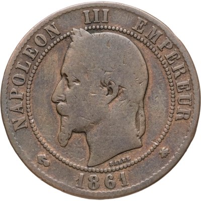 купить Франция 10 сантимов (centimes) 1861 A знак монетного двора: "A" - Париж