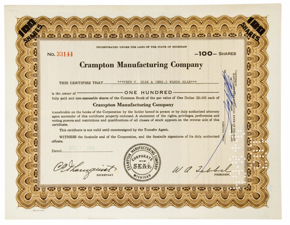 купить Акция США Crampton Manufacturing Compan, 1959 г.