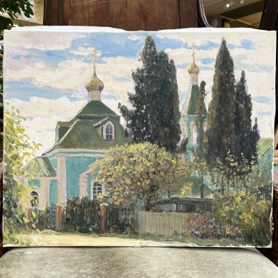 купить Картина "Кипарисы у церкви", автор Обманщин Михаил Федорович (1968 г. р.), холст, масло, в раме, Россия, 2009 г.