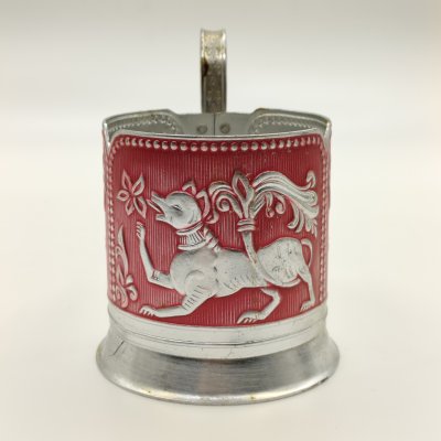 купить Подстаканник "Сказочные животные" на красном фоне, алюминий, крашение, чеканка, Завод художественной гравюры на металле, СССР, 1973-1991 гг.