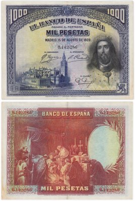 купить Испания 1000 песет 1928 Pick 78 (Король Фернандо I Кастильский и Леонский («Великий»), Севильский собор, картина «Король Фернандо принимает причастие»)