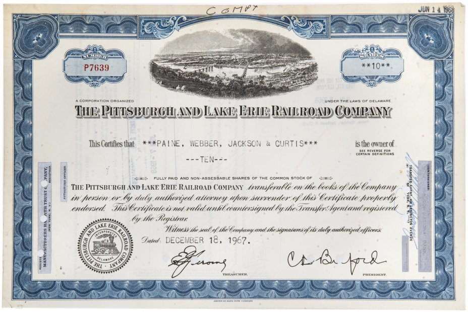 купить Акция США Pittsburgh and Lake Erie Rail Road Company, 1965- 1967 гг.
