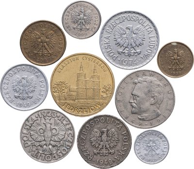 купить Польша набор из 10 монет 1, 5, 10, 20, 50 грошей, 1, 2, 10 злотых 1923-2009