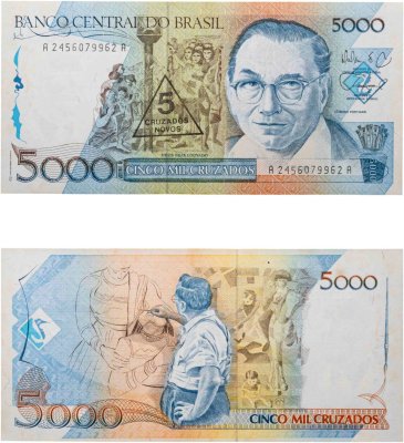 купить Бразилия 5 новый крузадо 1989 (надпечатка на 5000 крузадо 1988)