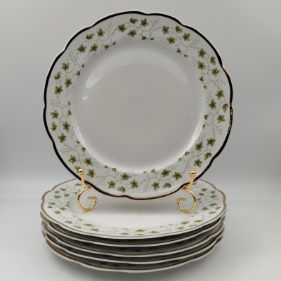 купить Набор обеденных тарелок на 6 персон с декором в виде плюща и золотистым кантом, фарфор, деколь, золочение, Cmielow, Польша, 1950-1980 гг.