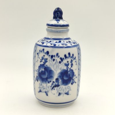 купить Ёмкость для хранения/бочонок с фигурной ручкой, украшенная растительным декором, фарфор, роспись, Объединение «Гжель», СССР, 1986-1991 гг.