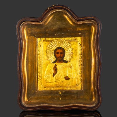 купить Икона "Господь Вседержитель" в окладе и киоте, дерево, печать, латунь, стекло, Российская империя, 1890-1910 гг.