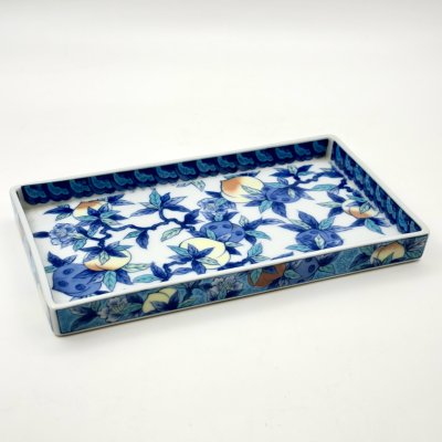 купить Миниатюрный поднос с высоким бортом (мелочница, визитница) "Персики" в стиле шинуазри, фарфор, подглазурная деколь, Китай, 1970-1990 гг.